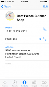 ios7 Contacts App - Beef Palace Butcher Shop info